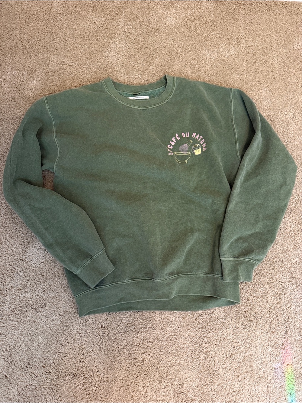Anthropologie Green Crewneck with Café Illustration